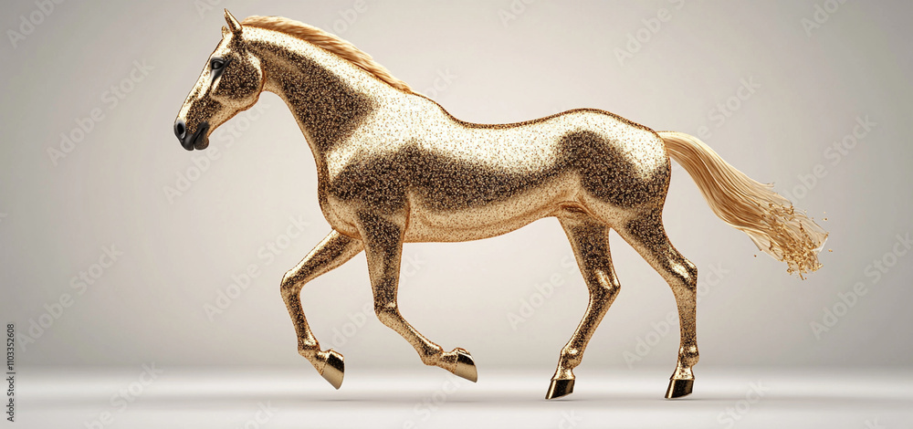 Obraz premium stunning 3D render of golden horse, crafted from liquid gold, showcases its elegant form and shimmering texture. This artwork captures beauty and grace of majestic creature