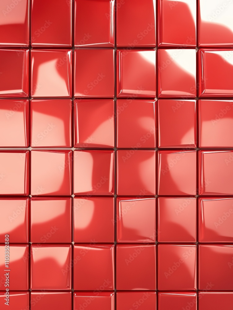 A vibrant pattern of glossy red tiles arranged in a grid, reflecting light and creating a shiny, modern aesthetic.

