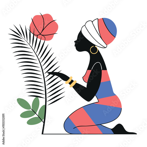 a colorful vector art silhouette of a kneeling woman holding a large rose flower with a leaf. She wears a vibrant,