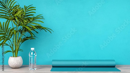 a photostock of a modern yoga mat rolled up next to a water bottle, relaxation essentials 2025 photo