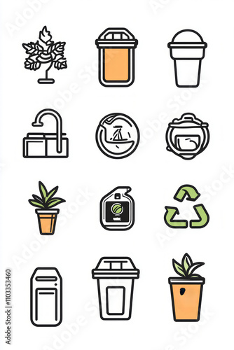 An assortment of symbols showcases sustainability, featuring plants, recycling, composting, and eco-friendly containers emphasizing environmental awareness photo