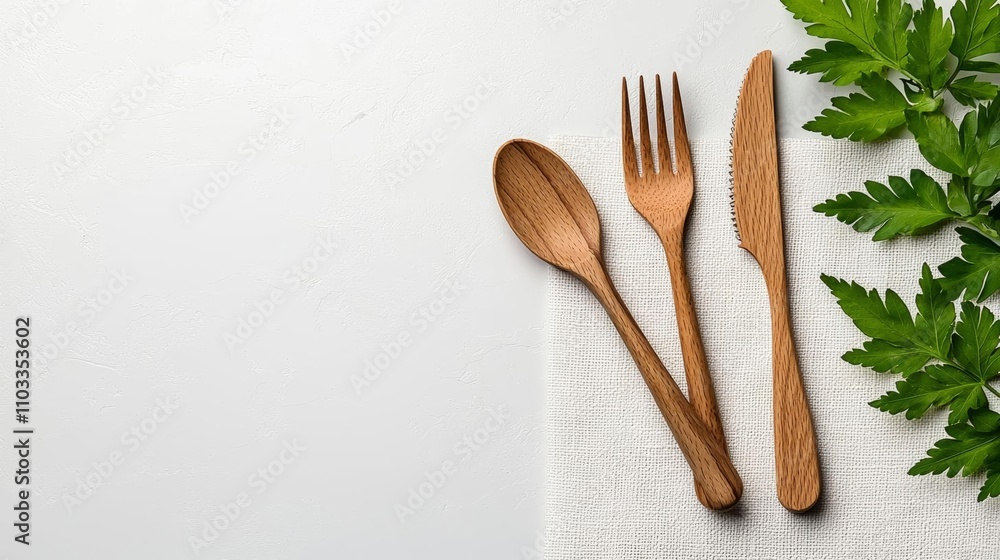 a photostock of a pair of biodegradable utensils on a white linen napkin, eco-friendly 2025 trends a photostock of a pair of biodegradable utensils on a white linen napkin, eco-friendly 2025 trends