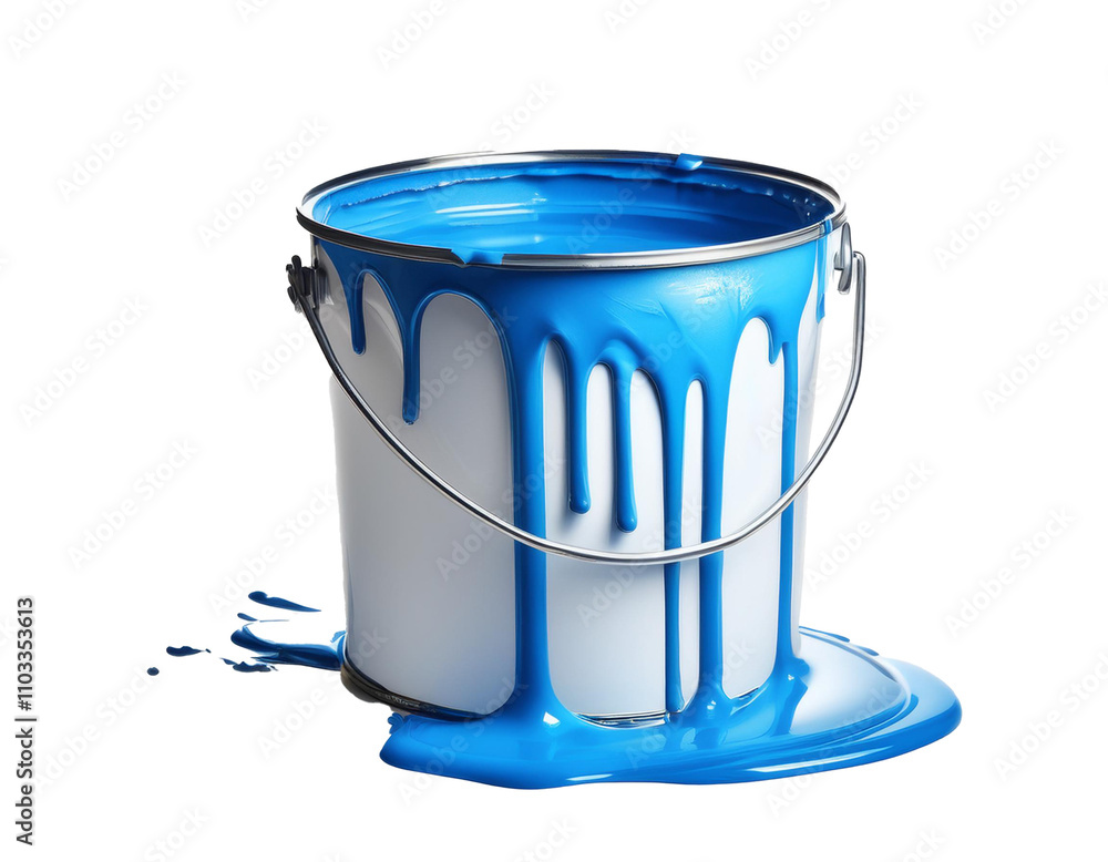Bucket with blue paint, paint running out, isolated on transparent background, cut out