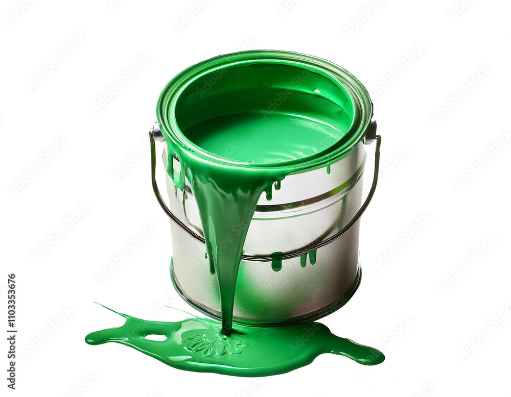 Bucket with green paint, paint running out, isolated on transparent background, cut out