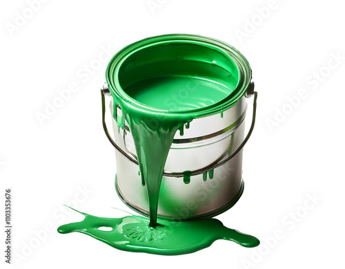 Obraz na płótnie Bucket with green paint, paint running out, isolated on transparent background, cut out w salonie