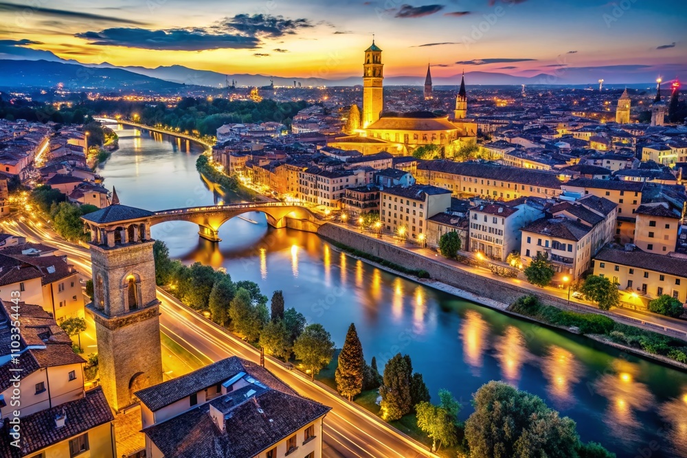 Fototapeta premium Aerial View of Verona City Center with Adigio River and Garibaldi Bridge on a Sunny Summer Day, Italy, Europe - Captivating Night Photography