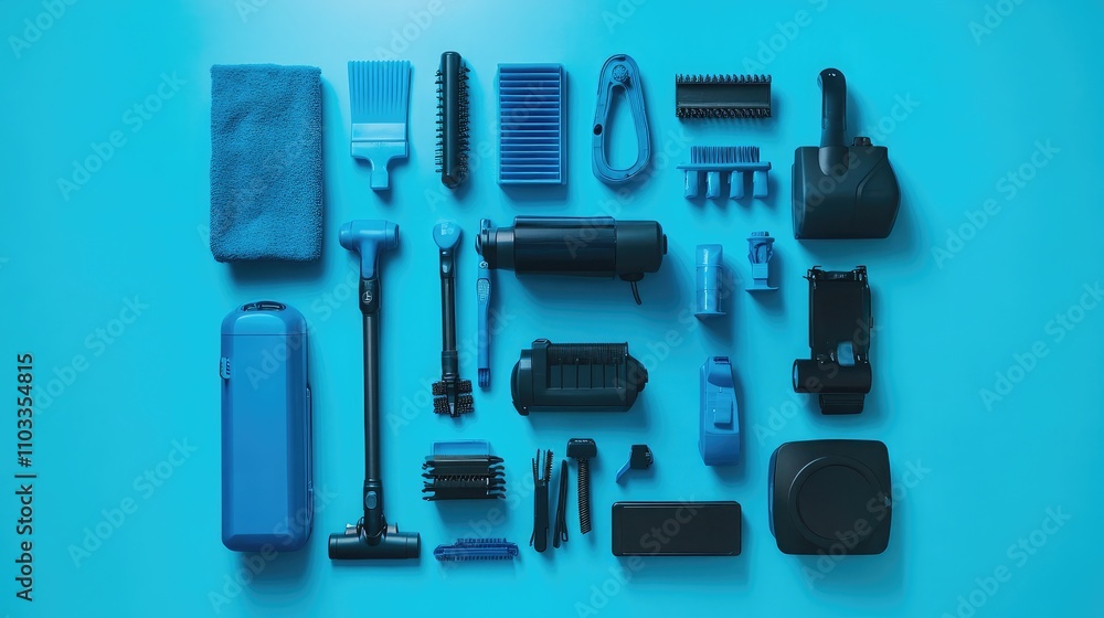 Fototapeta premium Collection of Various Blue Cleaning Tools and Accessories Arranged Creatively on a Bright Blue Background for Modern Home and Office Cleaning Purposes