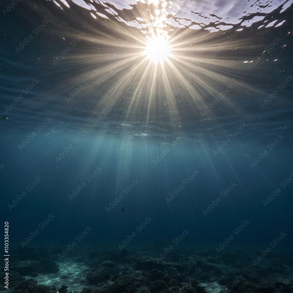 Obraz premium Dark blue ocean surface seen from underwater with sunrays