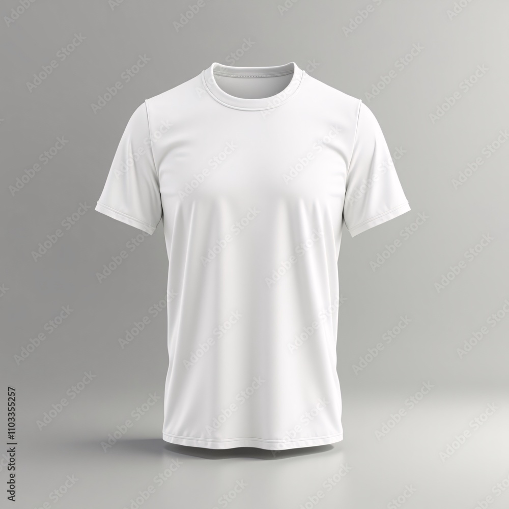 Plain white t-shirt, made of soft fabric with thick round collar, displayed on a flat surface in studio lighting. Suitable for mockup design Plain white t-shirt, made of soft fabric with thick round collar, displayed on a flat surface in studio lighting. Suitable for mockup design