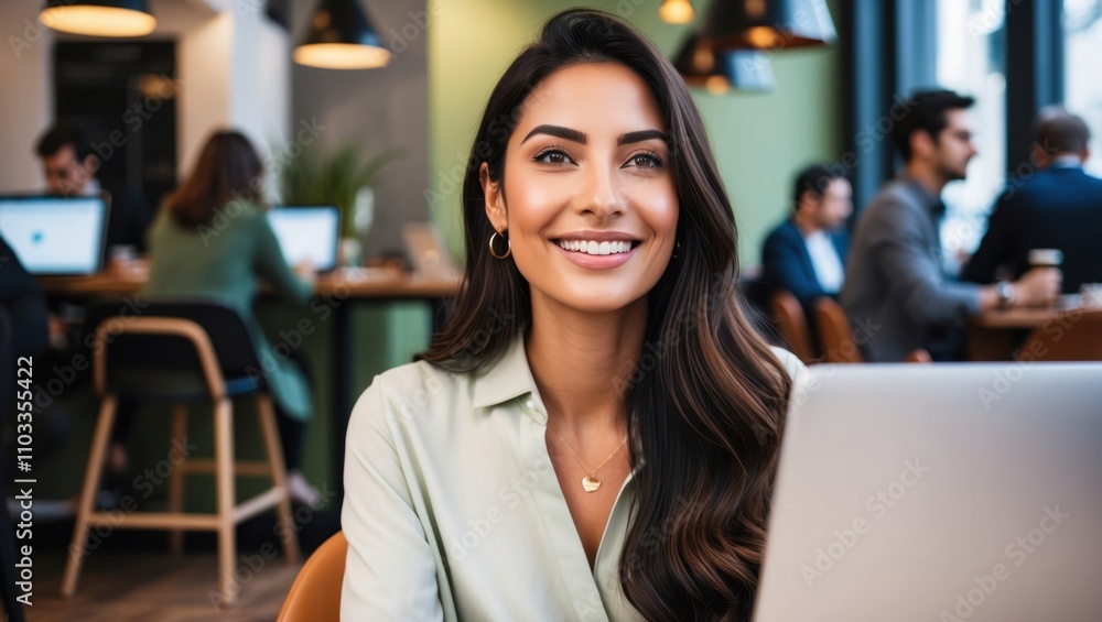 Fototapeta premium Young Woman Working on Laptop in Trendy Café Atmosphere