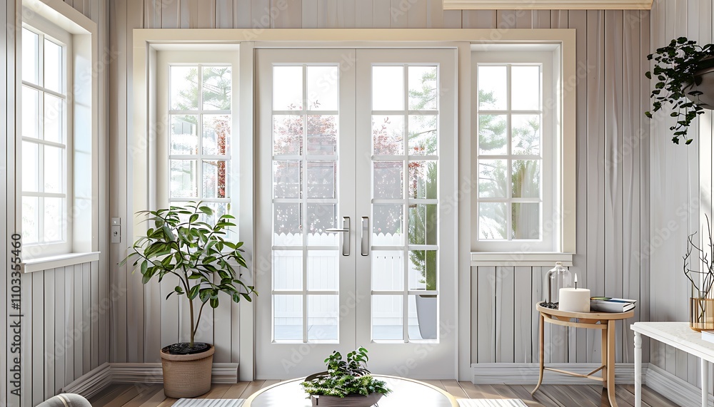 Fototapeta premium Sunroom interior, white French doors, wooden walls, light grey paneling, cream window frames, plants, coffee table near entrance, front door view.