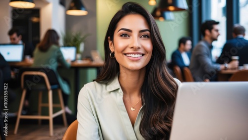 Wallpaper Mural Young Woman Working on Laptop in Trendy Café Atmosphere Torontodigital.ca