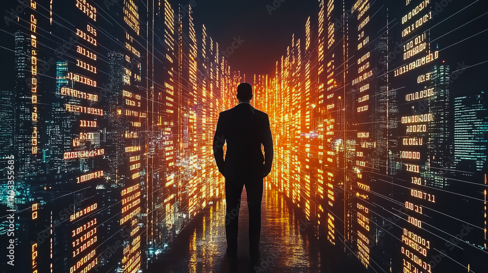 Abstract business man stands on the peak of success amid tall, innovative Smart city and graphs with statistics to analyze business potential and predict future developments in company growth. Abstract business man stands on the peak of success amid tall, innovative Smart city and graphs with statistics to analyze business potential and predict future developments in company growth.
