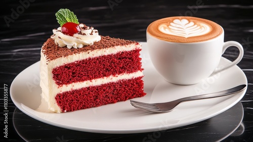 Indulging in red velvet cake and coffee at a cozy  gourmet photography stylish ambiance flavorful experience