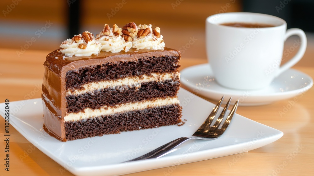 Indulging in decadent chocolate cake and coffee in a cozy  - close-up culinary delight photography