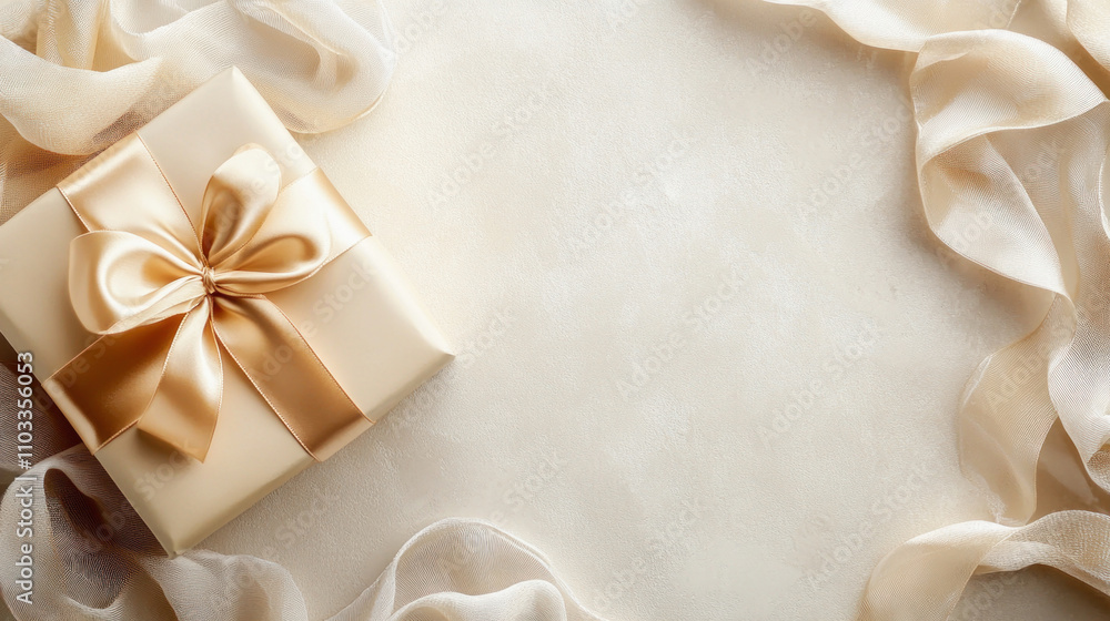 Elegant gift box with gold ribbon and delicate fabric drape creating luxurious ambiance Elegant gift box with gold ribbon and delicate fabric drape creating luxurious ambiance