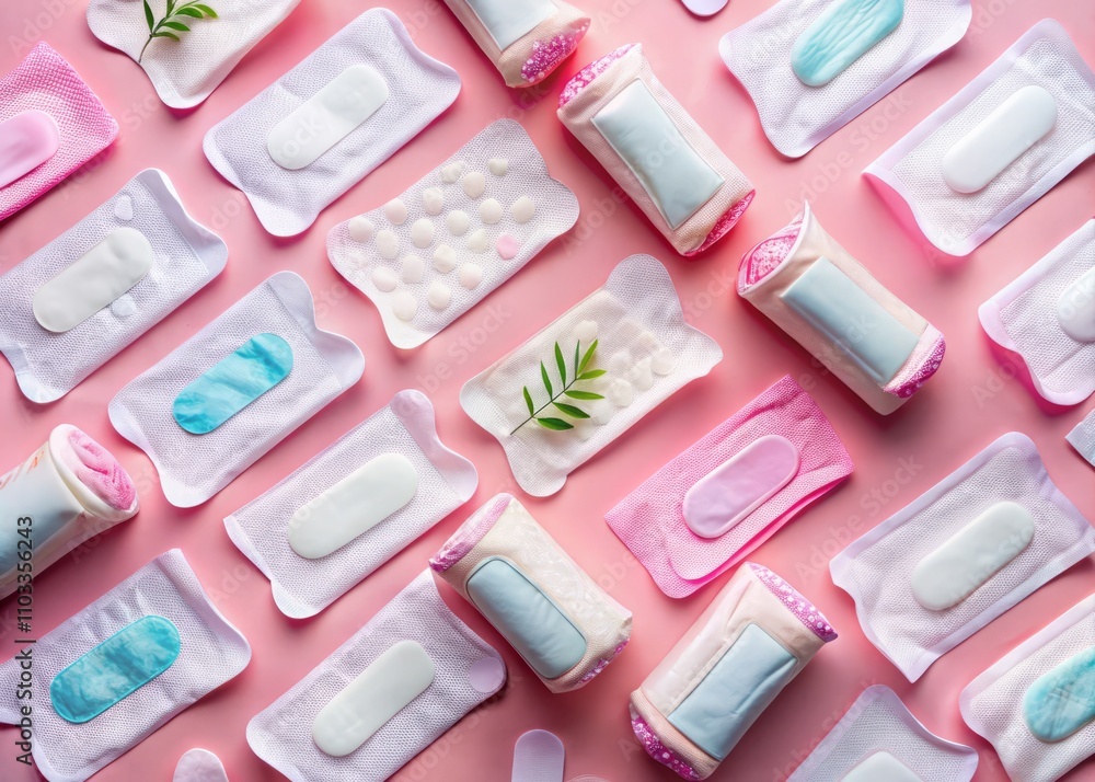 A Vibrant Collection of Sanitary Napkins Laid Out on a Soft Pink Background, Showcasing Variety and Modern Hygiene Products for Women's Health Awareness and Lifestyle Choices A Vibrant Collection of Sanitary Napkins Laid Out on a Soft Pink Background, Showcasing Variety and Modern Hygiene Products for Women's Health Awareness and Lifestyle Choices