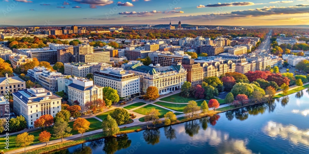 Fototapeta premium Aerial View of White Buildings on the Streets of Washington DC Showcasing Urban Architecture and Reflections in Water Bodies, Captured by Drone Photography