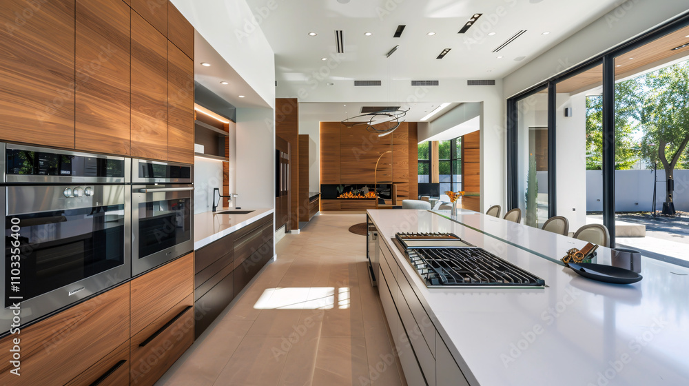 Fototapeta premium Interior of a modern kitchen with an island, built-in oven, and white counters.
