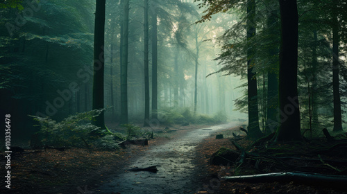 A foggy forest with tall trees and colorful leaves on the ground