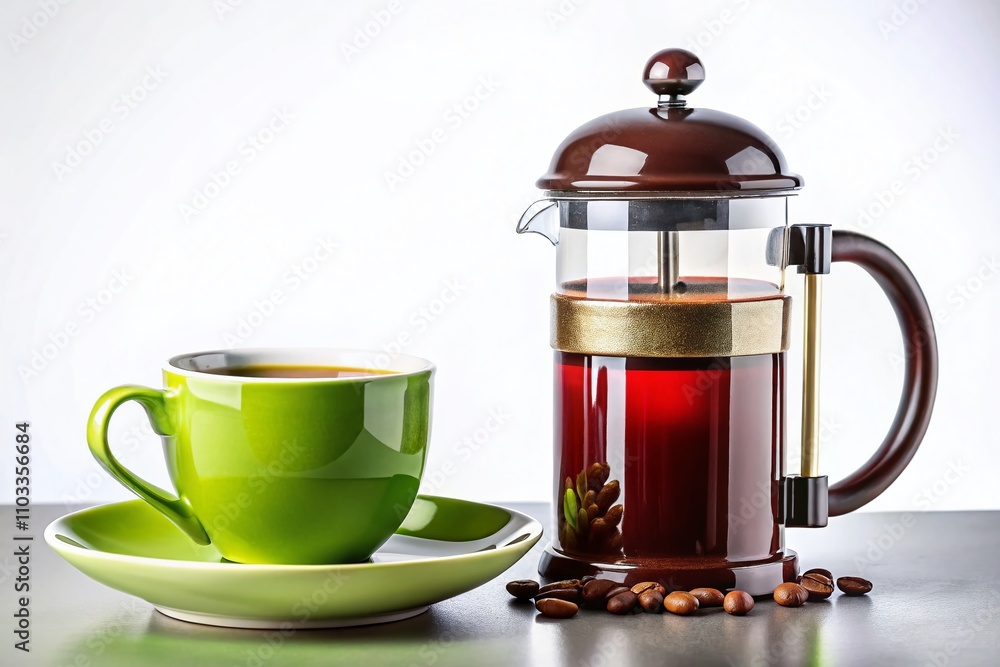 Aesthetic Panoramic Photography of a Coffee Cup and French Press Set Against a White Isolated Background for Minimalist Lifestyle and Culinary Art Enthusiasts Aesthetic Panoramic Photography of a Coffee Cup and French Press Set Against a White Isolated Background for Minimalist Lifestyle and Culinary Art Enthusiasts