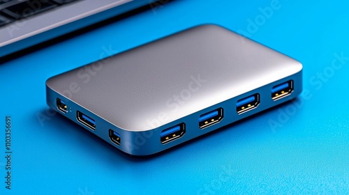 a photostock of a single USB-C hub with modern ports on a clean surface, connected gadgets 2025