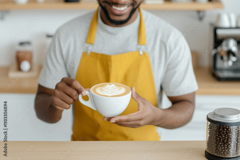 Smiling African American barista in a yellow apron holding a cup of coffee with intricate latte art in a bright modern cafe Smiling African American barista in a yellow apron holding a cup of coffee with intricate latte art in a bright modern cafe