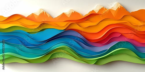 Vibrant Papercut Landscape, Mountains and Waves in a Colorful Abstract Art Style