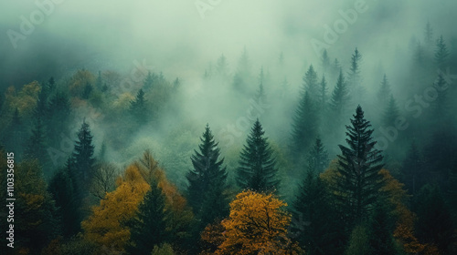 Aerial view of a foggy forest with trees shrouded in thick fog