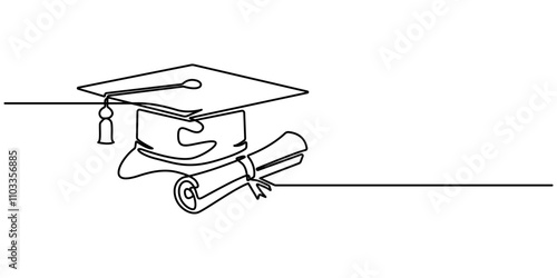 Graduation cap continuous one line drawing of outline education vector icon, Continuous cap one line art drawing of graduation hat concept outline vector, Graduation Single Line Icon, one line drawing