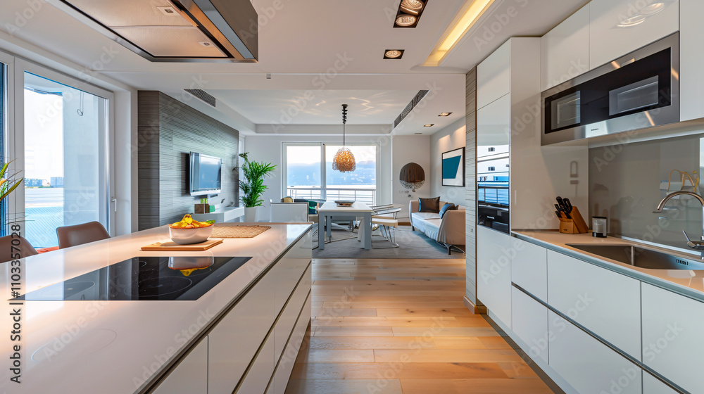 Interior of a modern kitchen with an island, built-in oven, and white counters. Interior of a modern kitchen with an island, built-in oven, and white counters.
