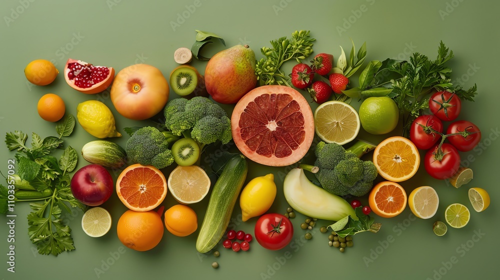 A variety of fresh fruits and vegetables on a green background. A variety of fresh fruits and vegetables on a green background.