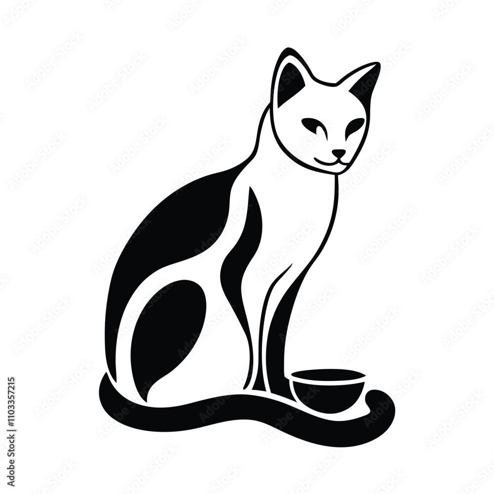 a vector silhouette of a cat sitting gracefully with its food bowl placed in front of her a vector silhouette of a cat sitting gracefully with its food bowl placed in front of her