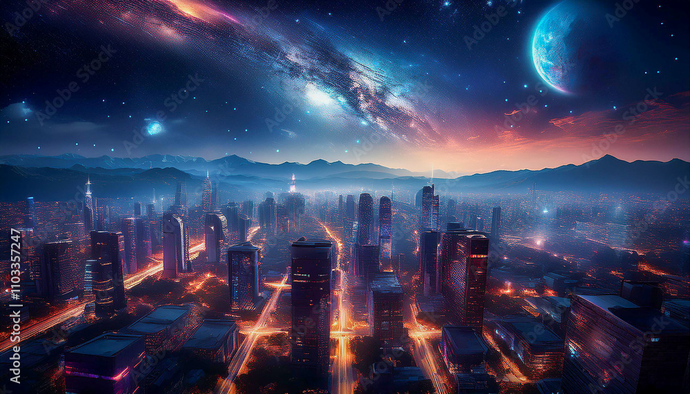 Night technology City has galaxies and planets fantasy background with clouds of milky way.Generative AI Night technology City has galaxies and planets fantasy background with clouds of milky way.Generative AI
