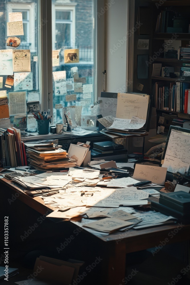 Cozy Home Office with Sunlit Desk Covered in Papers and Books Near a Large Window with Sticky Notes Cozy Home Office with Sunlit Desk Covered in Papers and Books Near a Large Window with Sticky Notes