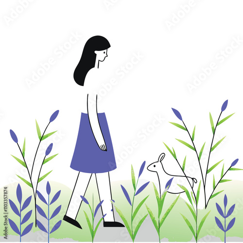 A vector-style illustration of a girl walking through lush green grass, accompanied by a cute deer walking beside her.