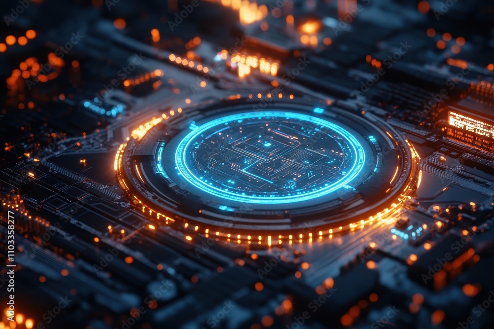 Futuristic Circuit Board with Glowing Neon Lights and Central Processor in a High-Tech Digital Environment Futuristic Circuit Board with Glowing Neon Lights and Central Processor in a High-Tech Digital Environment
