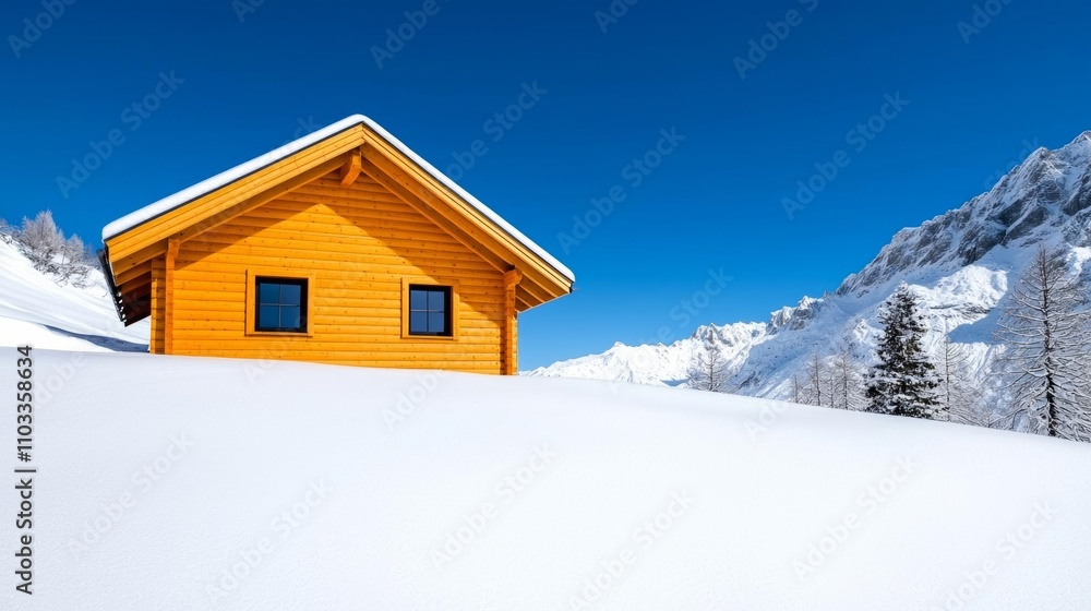 a photostock of a stylish mountain cabin with sleek architecture surrounded by snow, winter retreat 2025 a photostock of a stylish mountain cabin with sleek architecture surrounded by snow, winter retreat 2025