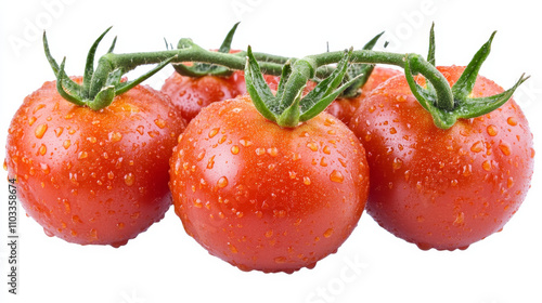 Dewy red tomatoes with water droplets, placed on a white background, highlighting their vibrant color and fresh appearance --ar 16:9 --v 6.1 Job ID: 92f662ba-b272-4ad5-b919-dd87a8645f78