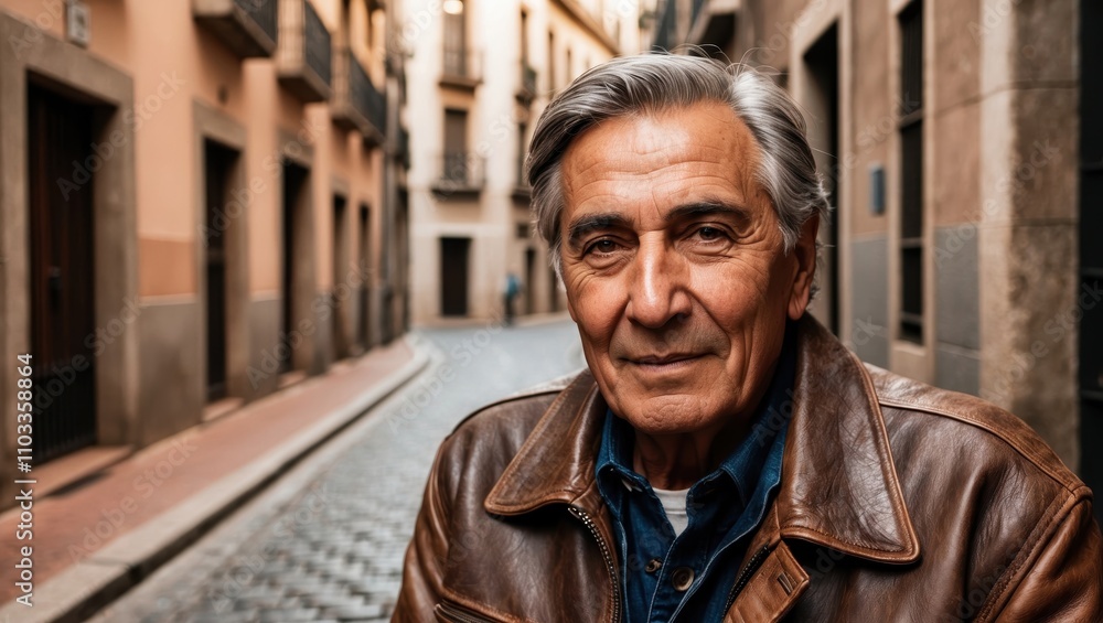 Elderly Spanish Man in Brown Leather Jacket on City Street Elderly Spanish Man in Brown Leather Jacket on City Street