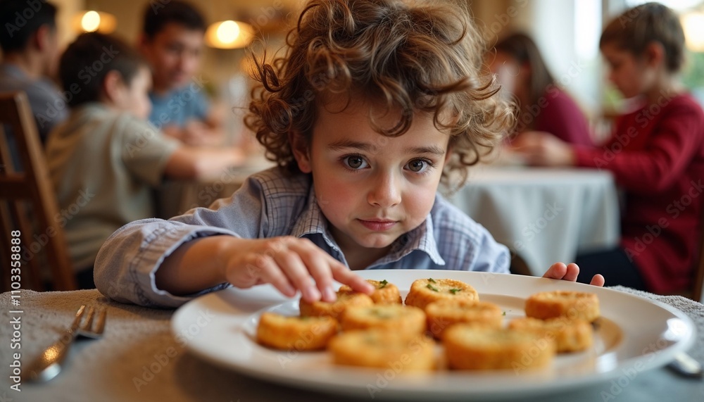 Child searching for Afikoman during Passover in warm family setting Child searching for Afikoman during Passover in warm family setting