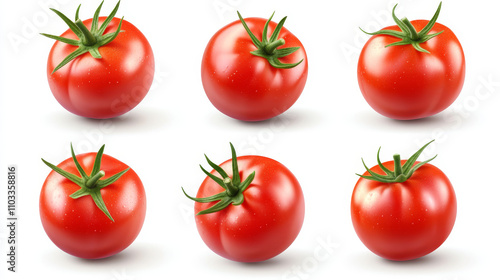 Fresh, newly harvested tomatoes arranged neatly on a white background