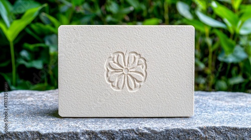 a photostock of a stack of business cards with embossed logos on a neutral stone surface, professional modern 2025 photo