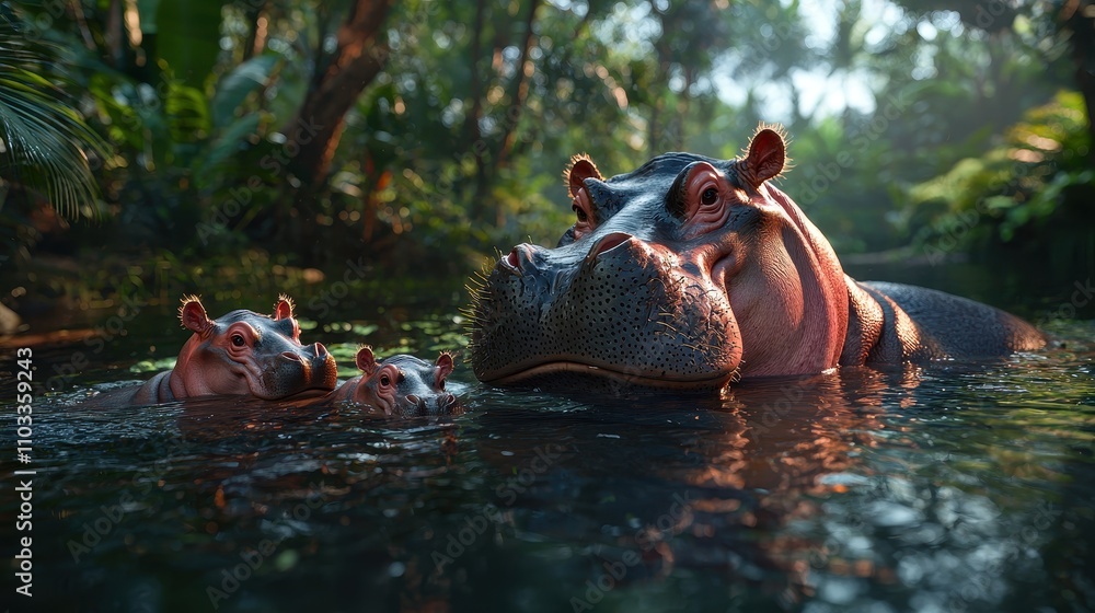 Fototapeta premium Hippos swimming in tropical wetlands nature photography family bonds serene environment wildlife concept