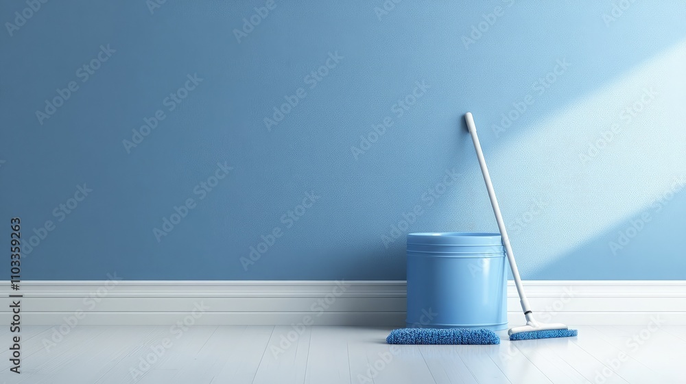Bright and Clean Room with a Blue Wall, a Bucket, and a Mop Ready for Cleaning, Representing Freshness, Organization, and Home Maintenance Bright and Clean Room with a Blue Wall, a Bucket, and a Mop Ready for Cleaning, Representing Freshness, Organization, and Home Maintenance