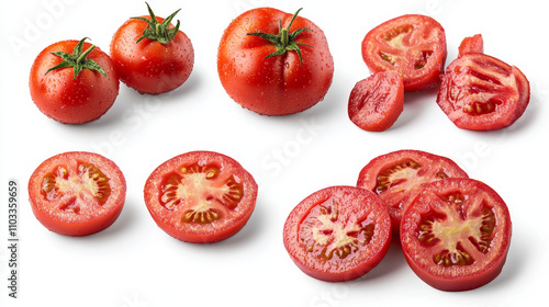 Whole and sliced ripe tomatoes arranged on a white background,  red color and fresh texture  --ar 16:9 --v 6.1 Job ID: b6307b74-4bd3-4224-a33e-e7c15b7d512e