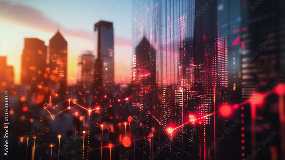 Smart digital city with connection cyber security network reciprocity over the cityscape . future smart wireless digital city and social media networking systems that connects people within the city