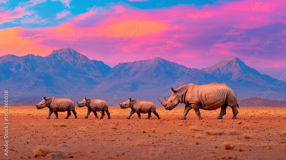 Rhinos walking together at sunset desert landscape wildlife photography natural habitat panoramic view conservation awareness Rhinos walking together at sunset desert landscape wildlife photography natural habitat panoramic view conservation awareness