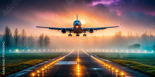 Airplane Approaching Runway Through Dense Fog: Captivating Landscape of Aviation Under Mysterious Weather Conditions