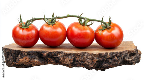 Fresh, ripe tomatoes arranged on a rustic tree stump, isolated on a white background --ar 16:9 --v 6.1 Job ID: ea52af84-e695-45a4-ae0d-422665697596